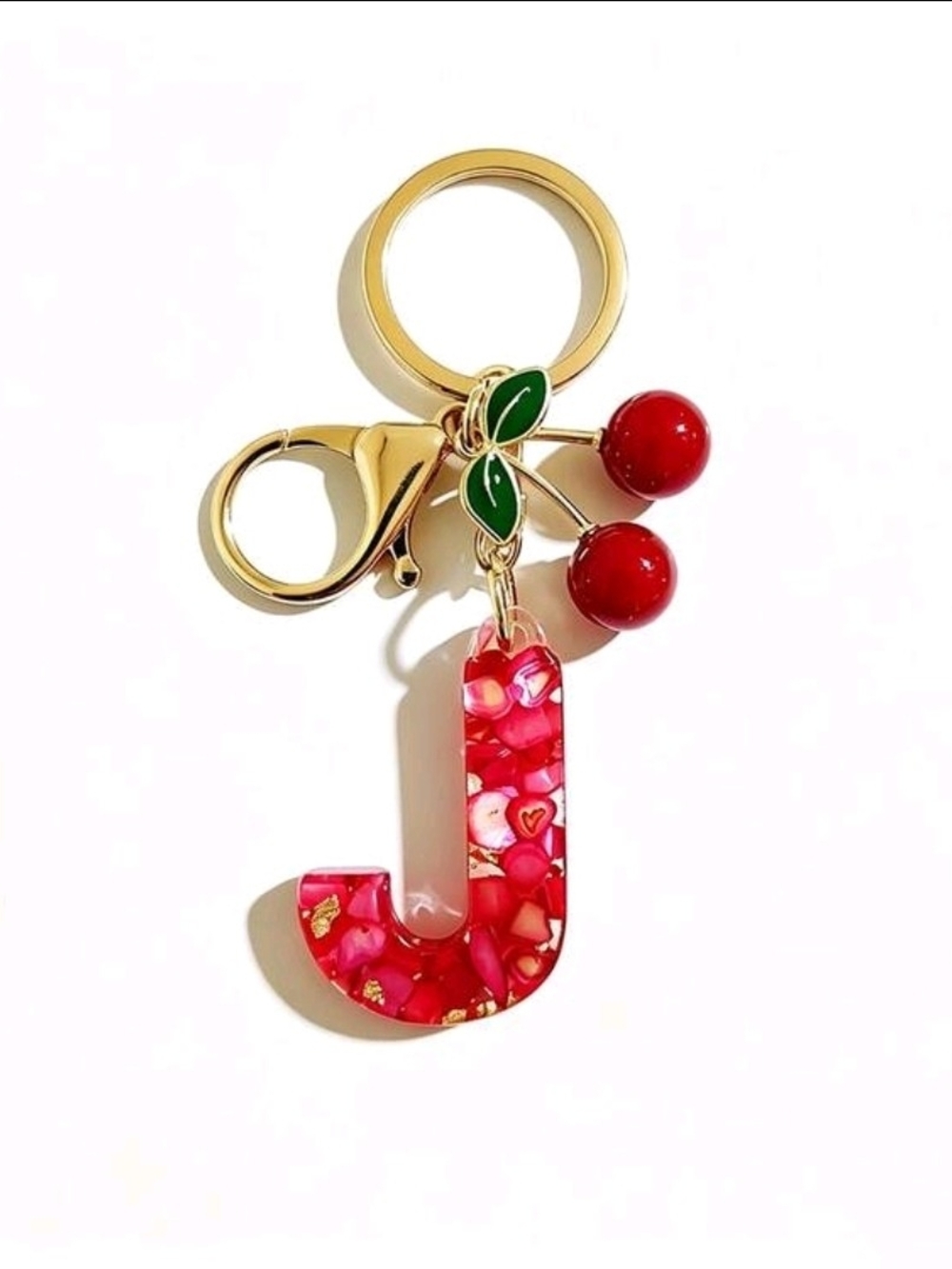 Gold-Tone Keychain with Red Cherry and Pink Initial J Charm